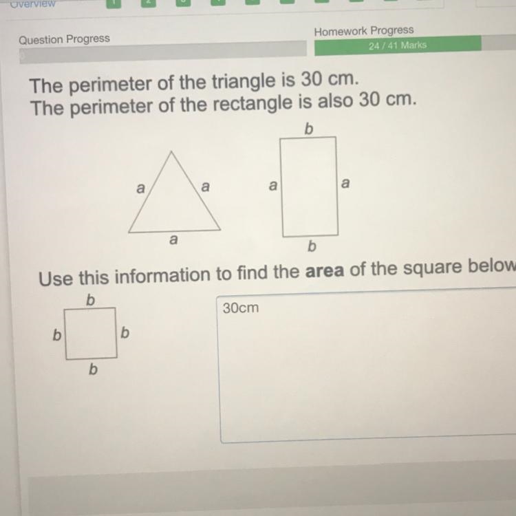 The perimeter of the triangle is 30 cm The perimeter of the rectangle is also 30 cm-example-1