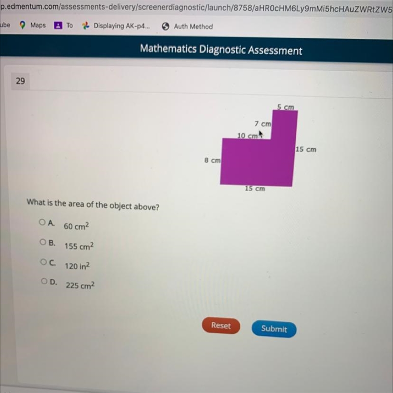 5 cm 7 cm 10 cm 15 cm 8 cm 115 cm What is the area of the object above? OA. 60 cm-example-1