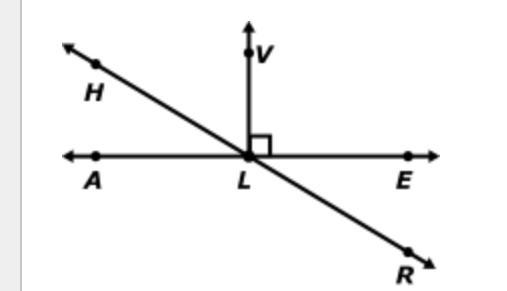 In the figure below, AE intersects HR at L, m∠VLH=50° , and ∠HLA≅∠ELR . What is m-example-1