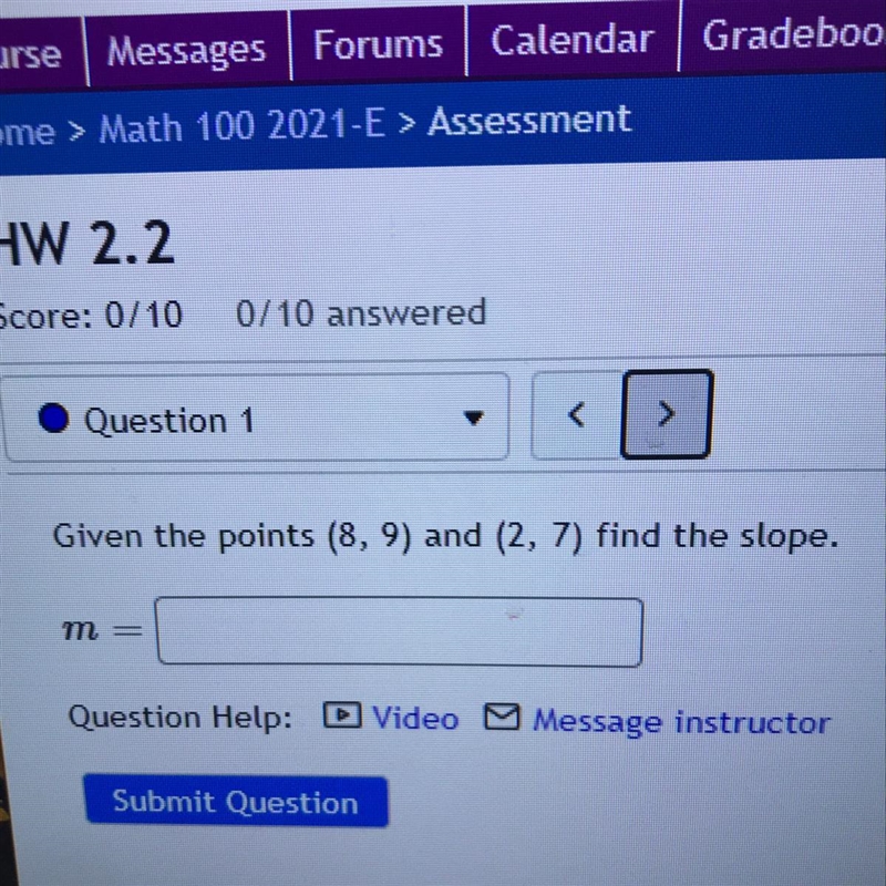 Given the points (8,9) and (2,7) find the slope I need help-example-1