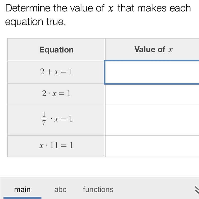 Determine the value of x that makes each equation true. Equation Value of $$x $$2+x-example-1