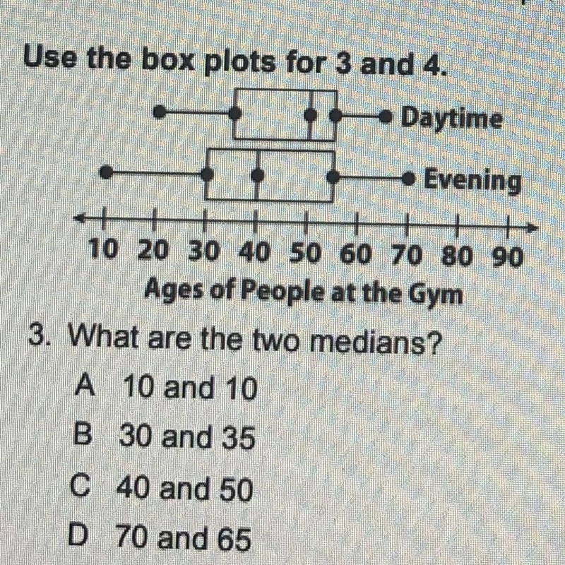 Use the box plots for 3 and 4. What are the two medians. Pls help me-example-1