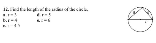 Please help, due today! Find the length of the radius of the circle. a. r = 3 d. r-example-1