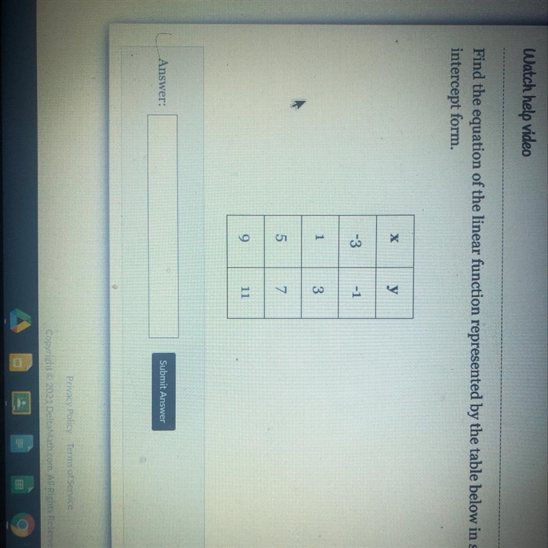 Find the equation of the linear function represented by the table below in slope intercept-example-1