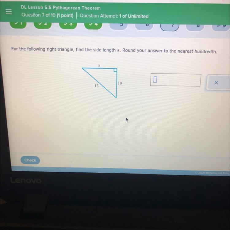 For the following right triangle, find the side length x. Round your answer to the-example-1