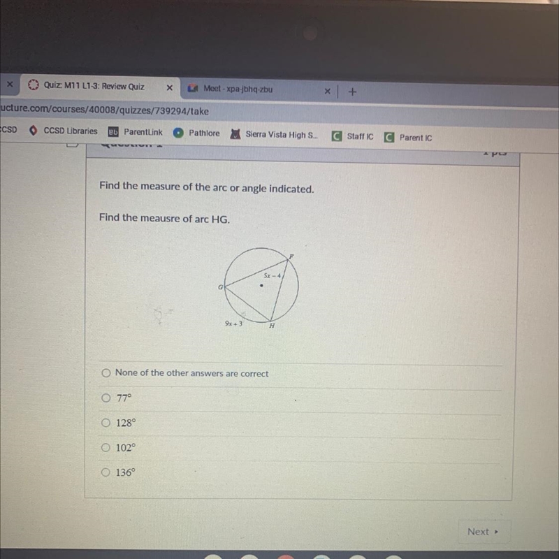 Find the measure of the arc or angle indicated. Find the meausre of arc HG.-example-1