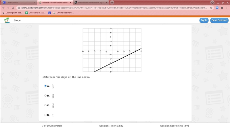 Determaine the slope of the line above A. 1/2 B. 2/3 C. 3/2 D. 1-example-1