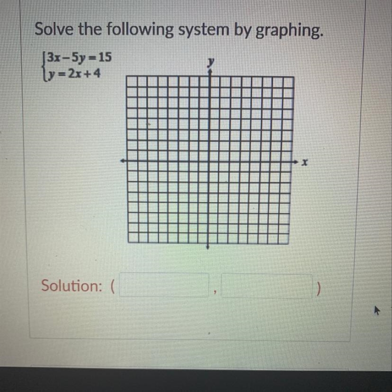 3x - 5y = 15 y = 2x + 4 What is the solution order pair-example-1