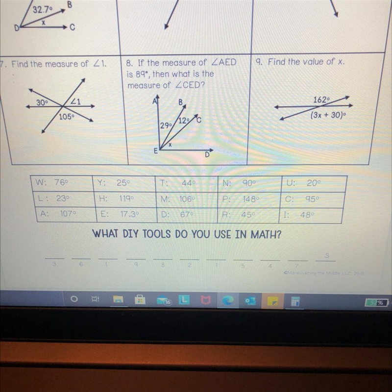 Vertical and adjacent angles! Need help with 7,8,9 please!-example-1