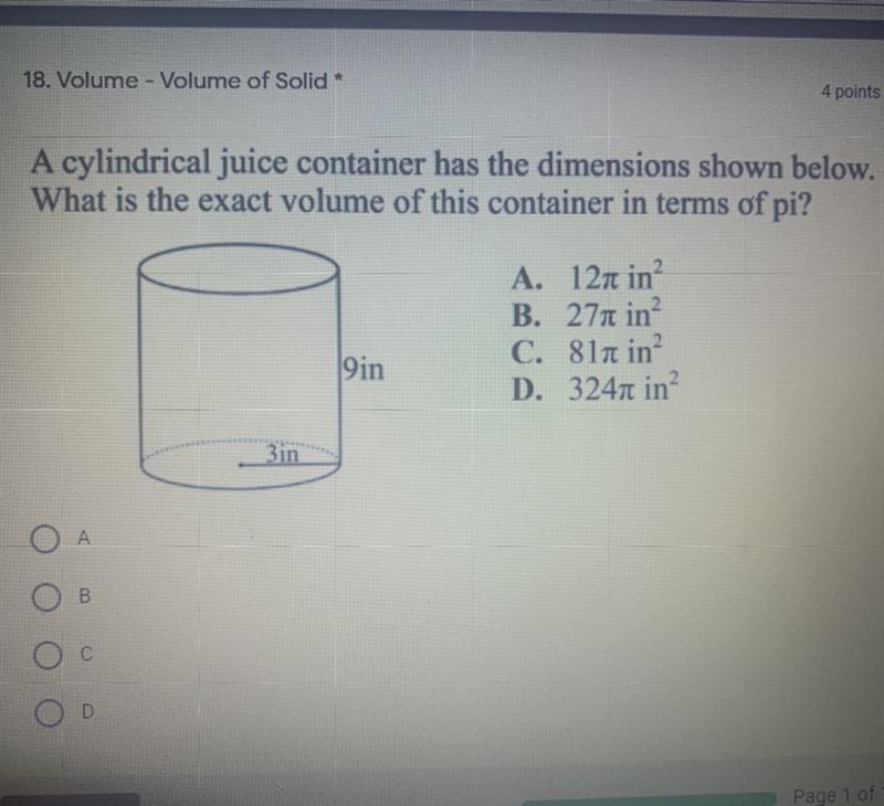 A cylindrical juice container has the dimensions shown below. What is the exact volume-example-1