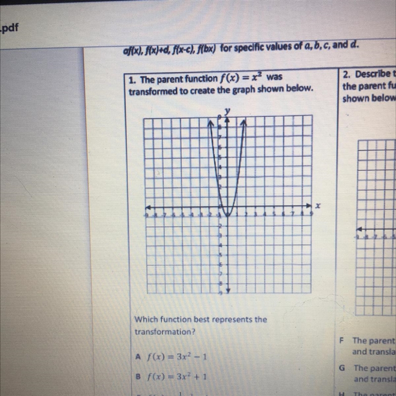 1. The parent function f(x) = x2 was transformed to create the graph shown below. x-example-1