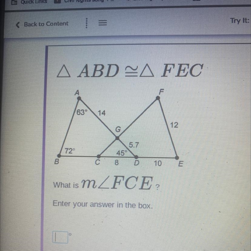 A ABD ZA FEC F 63° 14 12 G 5.7 72 559 B os 8 D 10 E What is тДFCE, Enter your answer-example-1