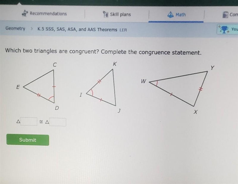 Which two triangles are congruent? Complete the congruence statement.​-example-1