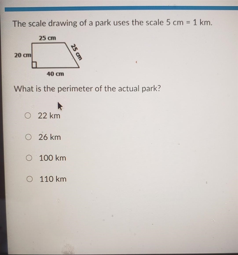 The scale drawing of a park uses the scale 5 cm= 1 km. what is the perimeter of the-example-1