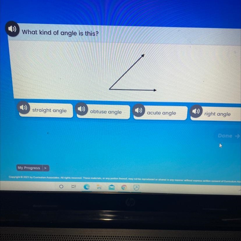 What kind of angle is this? >) obtuse angle acute angle straight angle right angle-example-1