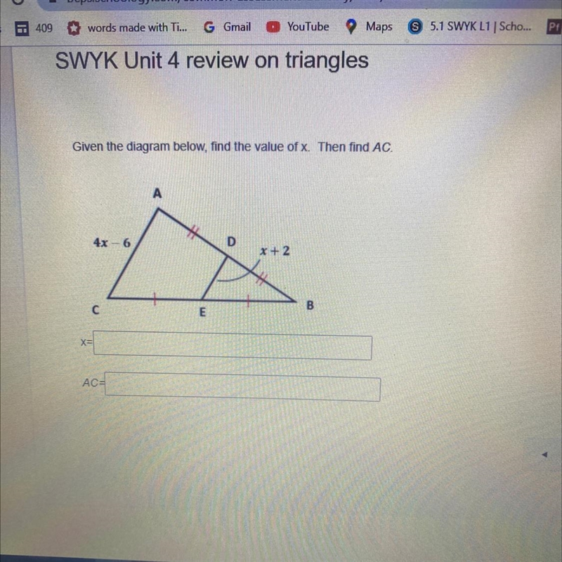 Given the diagram below, find the value of x. Then find AC,-example-1