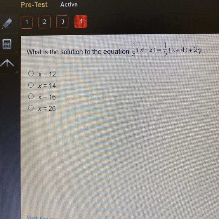 What is the solution to the equation 3(x-2)=3(x+4)=27 Ox= 12 OX= 14 x= 16 Ox= 26-example-1