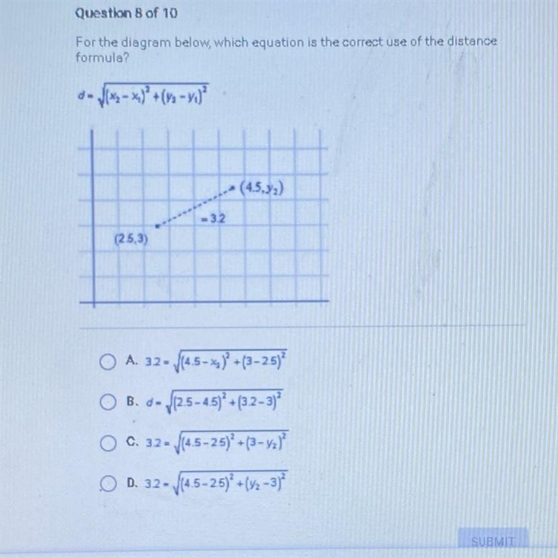 For the diagram below, which equation is the correct use of the distance formula?-example-1