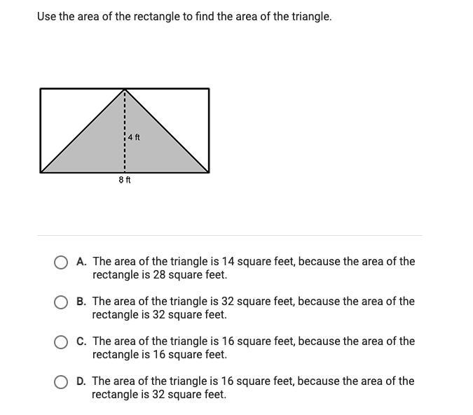 Use the area of the rectangle to find the area of the triangle-example-1