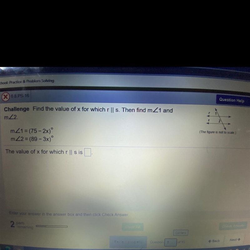 Find the value of x for which is r II s. Then find m<1 and m<2 •m<1 =(75-2x-example-1