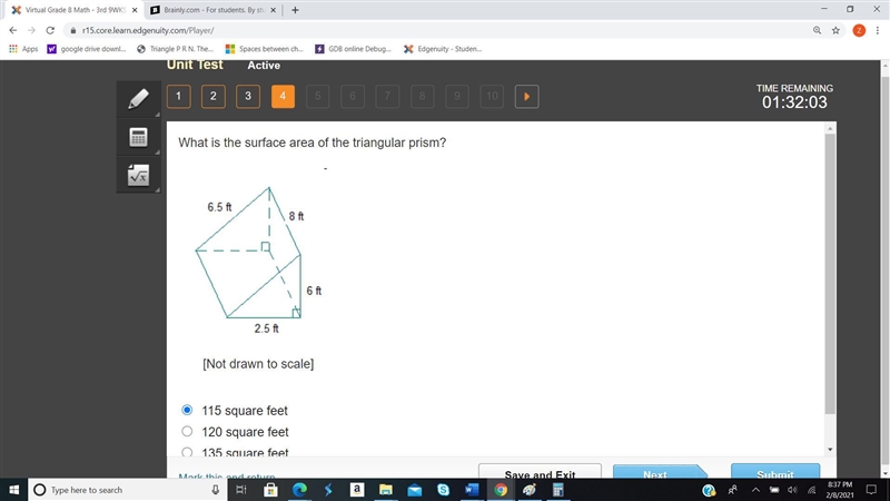 What is the surface area of the triangular prism? Answer choices: 115 square feet-example-1