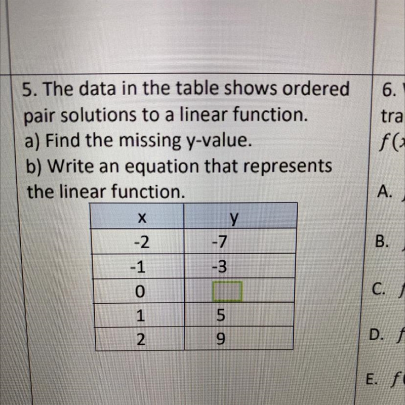 5. The data in the table shows ordered pair solutions to a linear function. a) Find-example-1