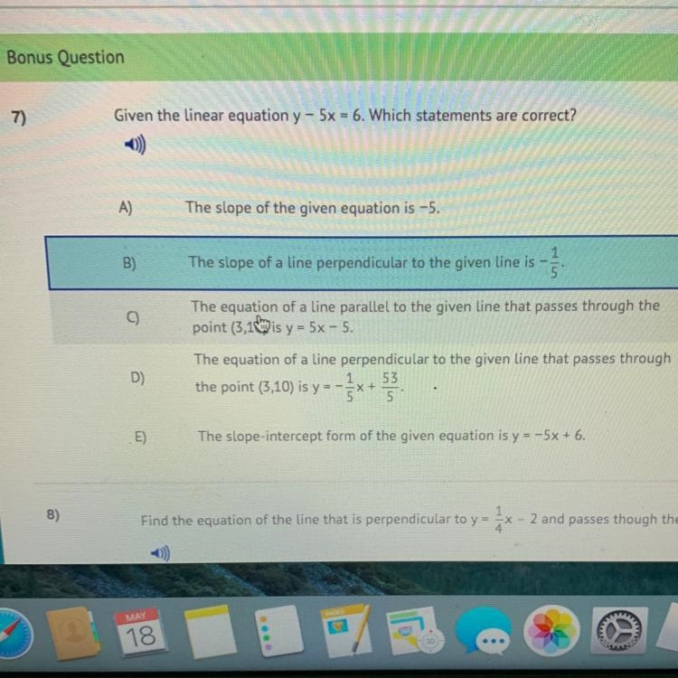 Given the linear equation y - 5x = 6. Which statements are correct?-example-1