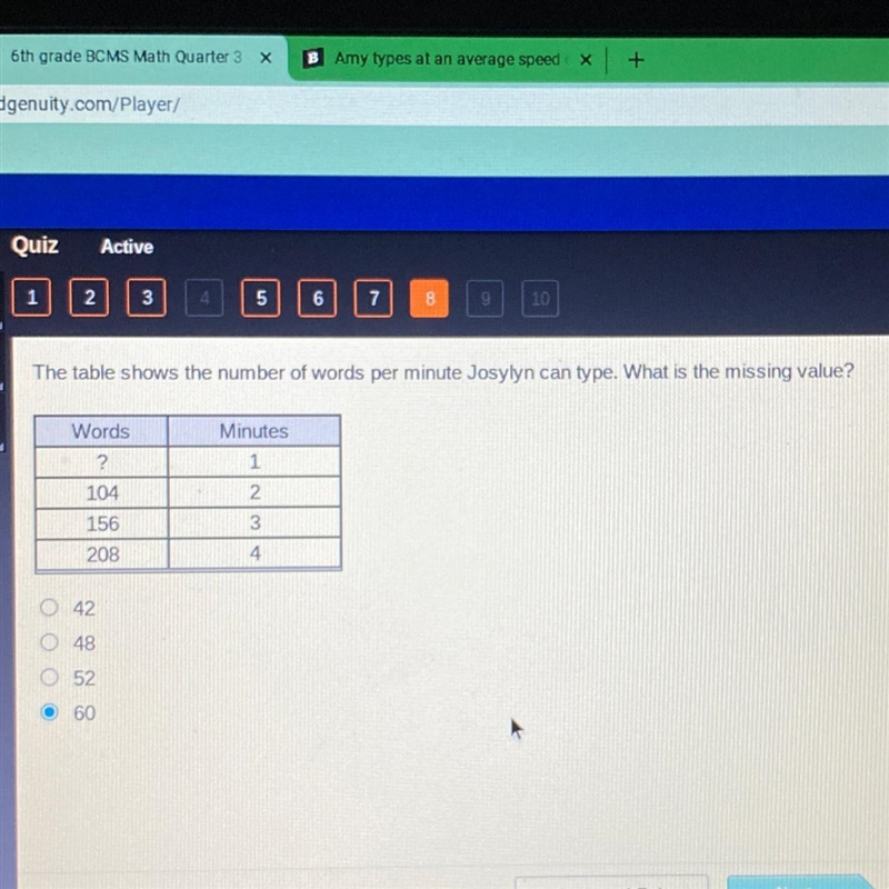 The table shows the number of words per minute Josylyn can type. What is the missing-example-1