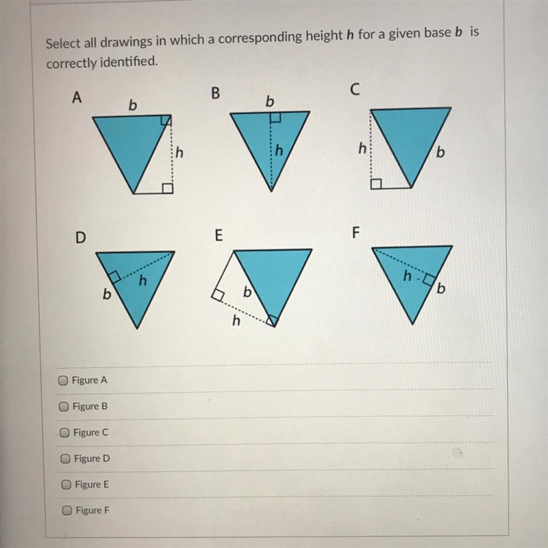 Select all drawings in which a corresponding height H for a given base B is Correctly-example-1