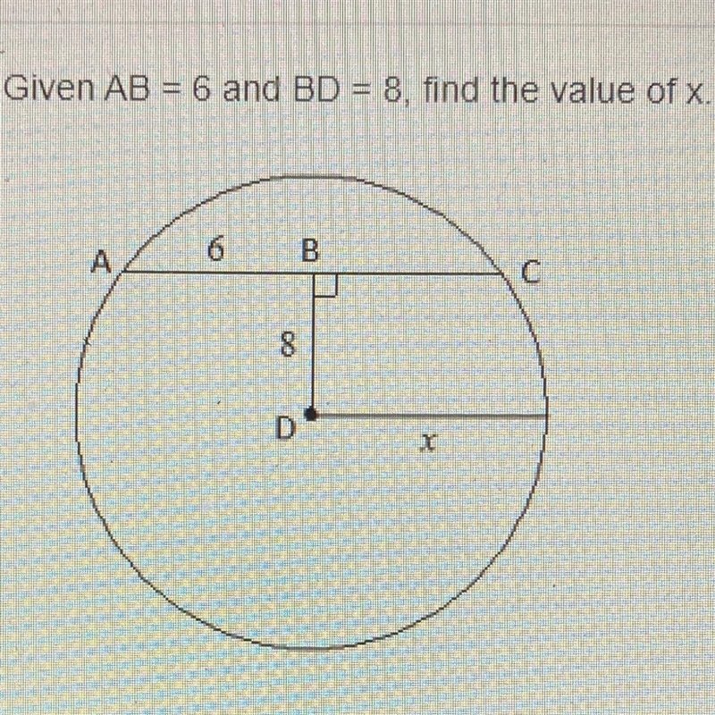 Given AB =6 and BD =8, find the value of x-example-1