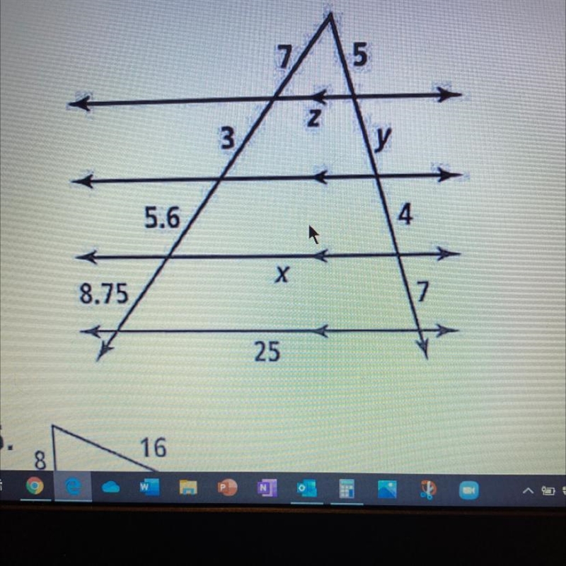 Find the missing lengths. Round to the nearest tenth as needed. 1. x 2. y 3. z-example-1