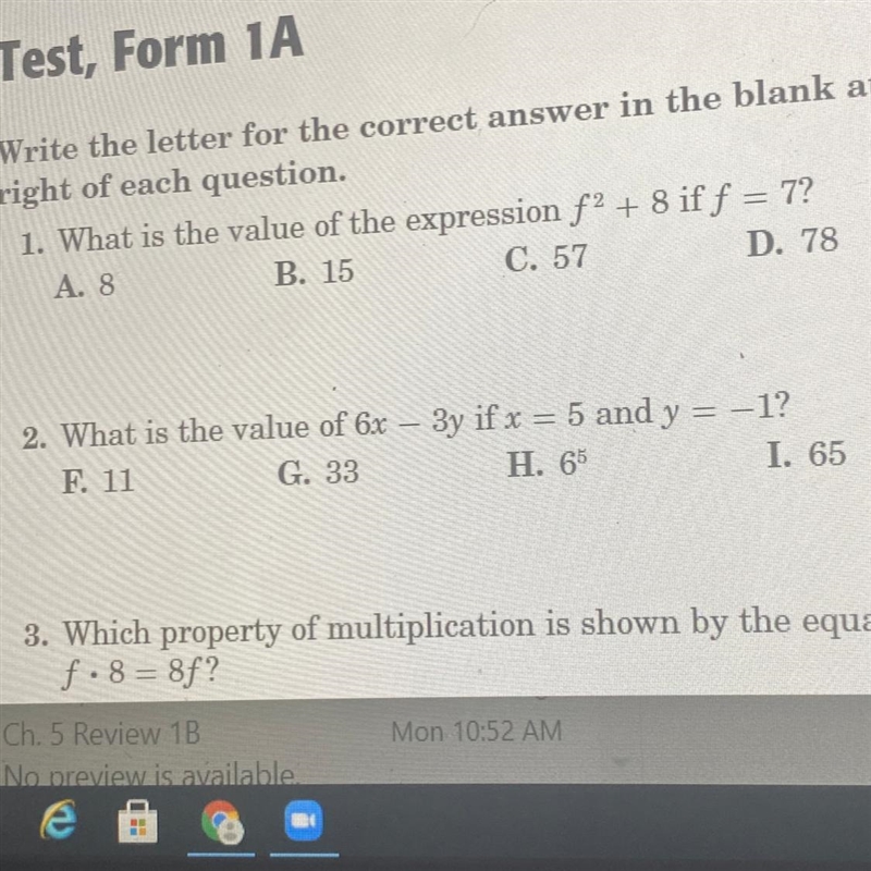 2. What is the value of 6x – 3y if x = 5 and y = 1 F.11. G.33 H.6 with an exponent-example-1