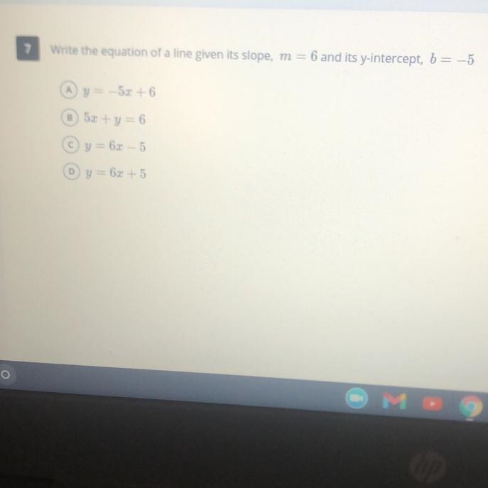 Write the equation of a line given its slope, m = 6 and its y-intercept, b = -5-example-1