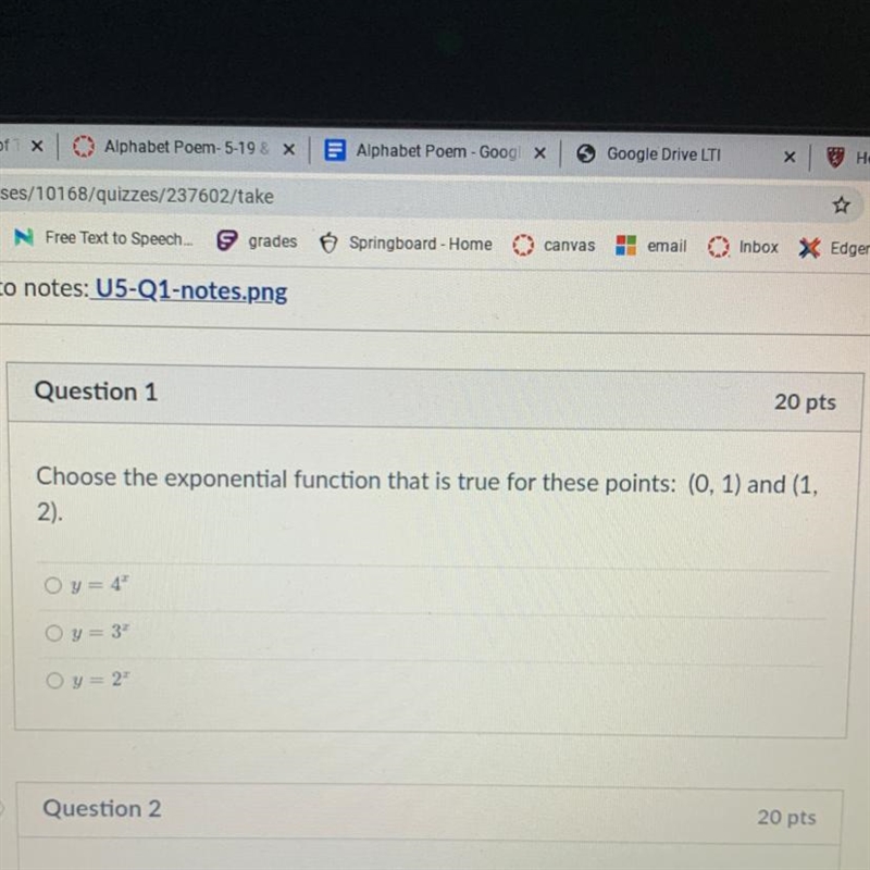 Choose the exponential function that is true for these points: (0, 1) and (1, 2). Oy-example-1