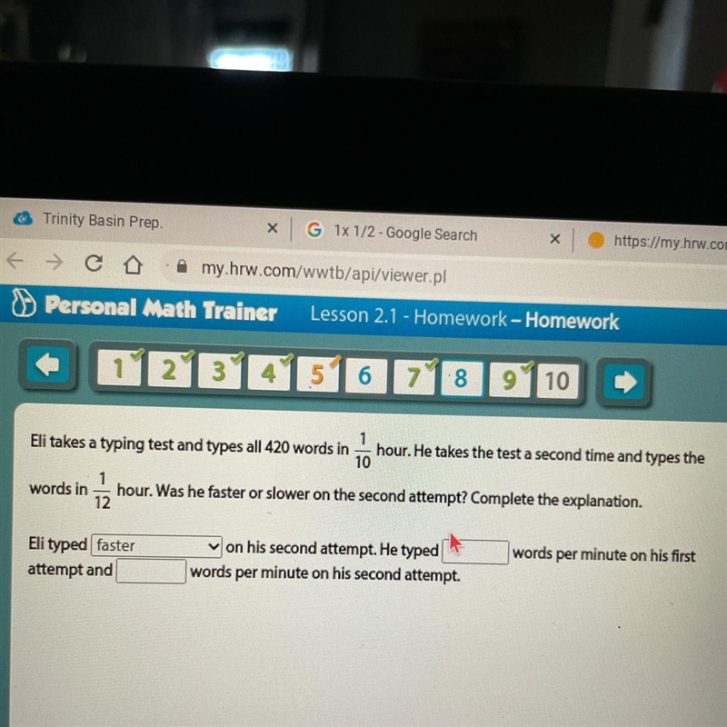 Eli takes a typing test and types all 420 words in 1/10 hour. He takes the test a-example-1