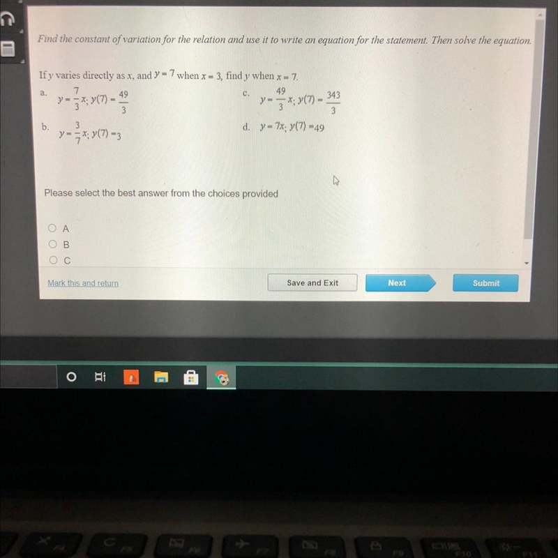 If y varies directly as x, and y = 7 when x = 3, find y when x = 7-example-1