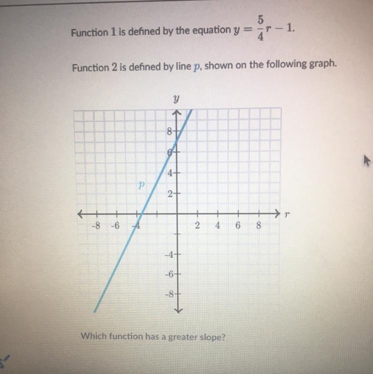 Which function has a greater slope? (I need the answer and explanation)-example-1