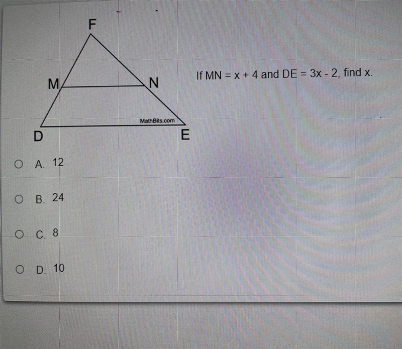 If MN = x+4 and DE = 3x-2, find x. (More info in pic)-example-1