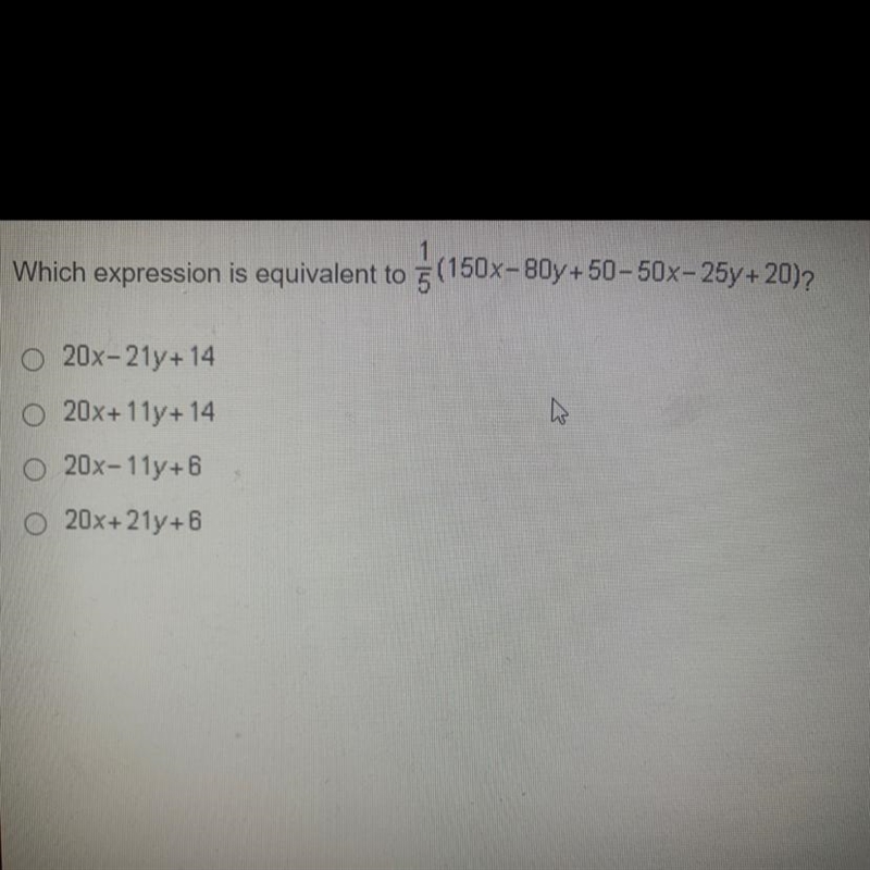 Which expression is equivalent to 1/5(150x-80y+50-50x-25y+20)-example-1