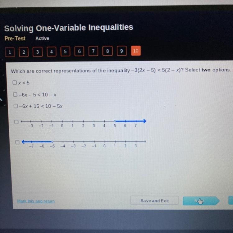 Which are correct representations of the inequality -3(2x - 5) <5(2 - x)? Select-example-1