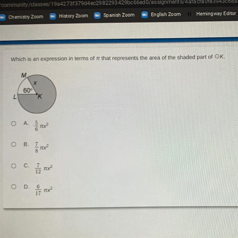 Which is an expression in terms of pi that represents the area of the shaded part-example-1