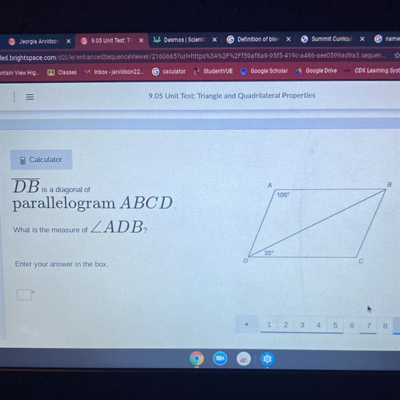 PLEASE HELP!! ITS A TEST!! DB is a diagonal of А 105 parallelogram ABCD. What is the-example-1