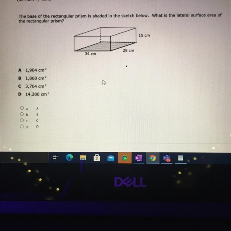 Show instructions Question 1 (1 point) The base of the rectangular prism is shaded-example-1