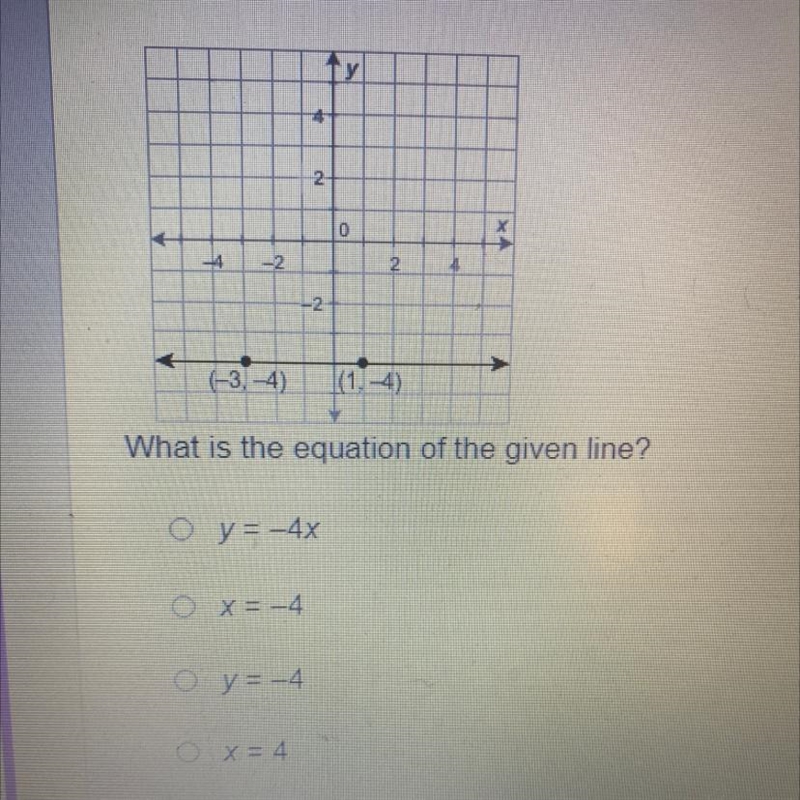 2 0 -1 -2 2 -2 (-3.4) What is the equation of the given line? y = -4x x = -4 y = -4-example-1