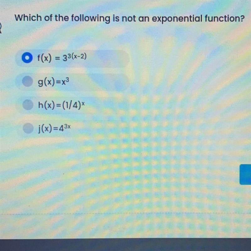 PLEASE HELP!!!!! Which of the following is not an exponential function?-example-1