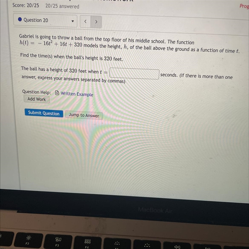 Help please find the ball height of 320 feet when t = ???-example-1