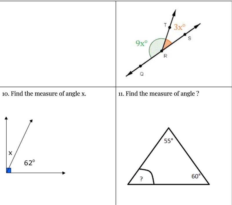 10. Find the measure of angle x. 11. Find the measure of angle ?-example-1