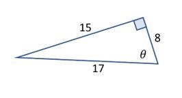 (PLEASE HELP! NO SPAM!) On the following triangle, sin⁡〖θ=15/17〗. What is cosθ?-example-1