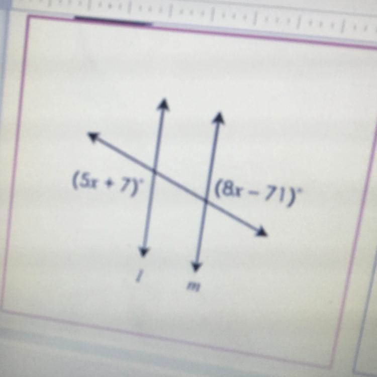 If l || m, classify the marked angle pair and give their relationship, then solve-example-1