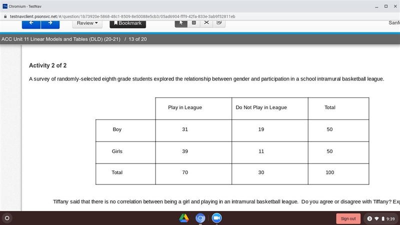 Tiffany said that there is no correlation between being a girl and playing in an intramural-example-1